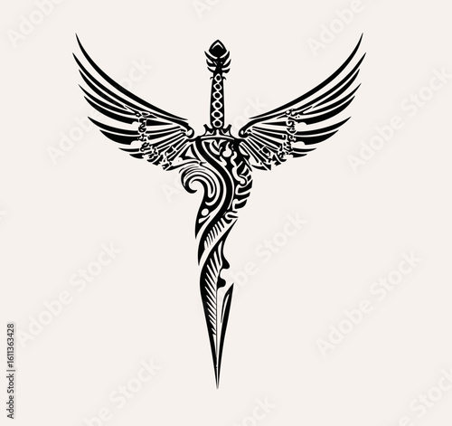 A black and white stylized sword with wing-like designs, intricate hilt patterns, pointed blade,