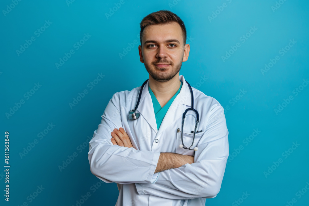 Serious young male doctor with glasses and folded arms wearing a lab coat and a stethoscope against a blue background. Serious young male doctor with glasses and folded arms wearing a lab coat and a stethoscope against a blue background.