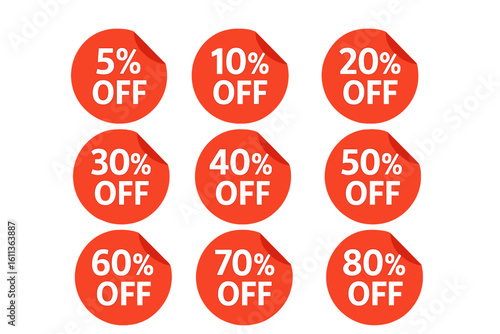 Red circular sale discount stickers set, glossy shopping promotion labels with curled corner, bold white 5%,10%,20%,30%,40%,50%,60%,70%,80%,90% OFF text, retail marketing vector illustration isolated