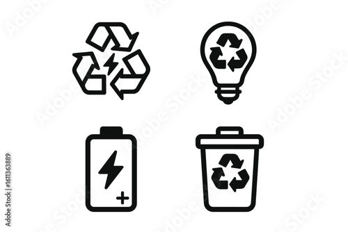 Renewable energy recycling icon set, eco electricity symbols with lightning bolt, battery charge, LED bulb, recycle bin, sustainable waste management, black outline vector illustration