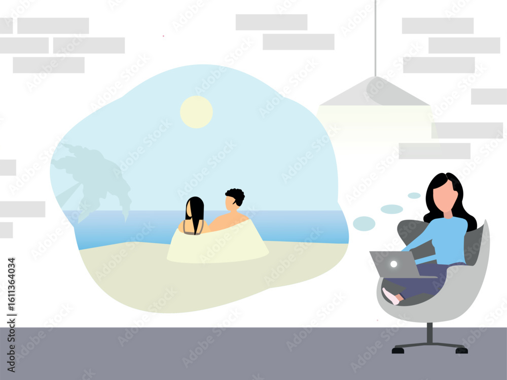 Obraz premium Working woman dreaming of a vacation