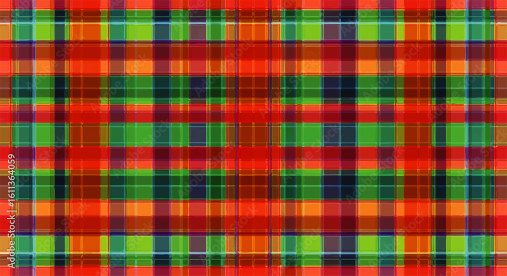 Vibrant red, green, and orange plaid pattern, showcasing intersecting lines of varying thickness and color intensity.