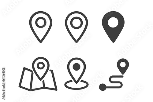 Location pin icon set. Map pointer and navigation marker symbols for GPS. Vector graphic for web, mobile app UI design. Destination, route, and position finding concept.