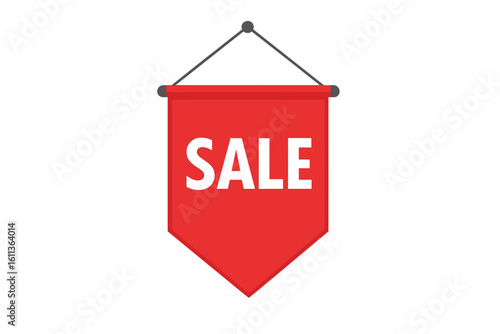 Red hanging sale banner and pennant sign, bold white SALE text, retail discount promotion symbol, shopping reduction advertisement icon, transparent background vector illustration