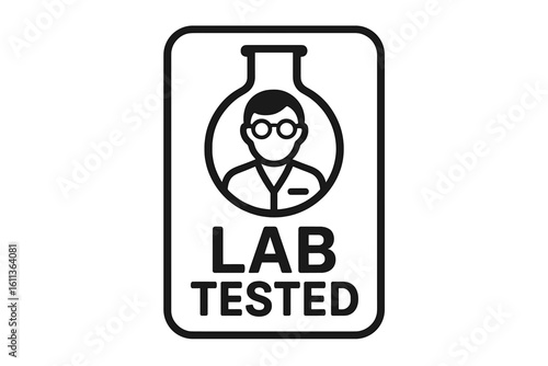 Lab Tested icon with scientist in flask. Laboratory certified product label. Quality control research symbol. Science verification and analysis vector graphic.