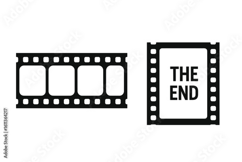 Film strip frames vector silhouette set. Movie cinema reel elements with THE END final frame. Black white filmstrip graphics for video production design