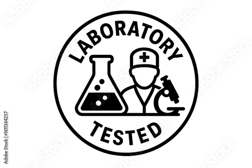 Laboratory Tested Symbol for Medical Product Packaging – Scientific Flask, Laboratory Assistant, Medic with Microscope, Clinical Labeling, Laboratory Validation Icon
