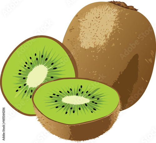Fresh kiwi fruit, whole and sliced, isolated on white