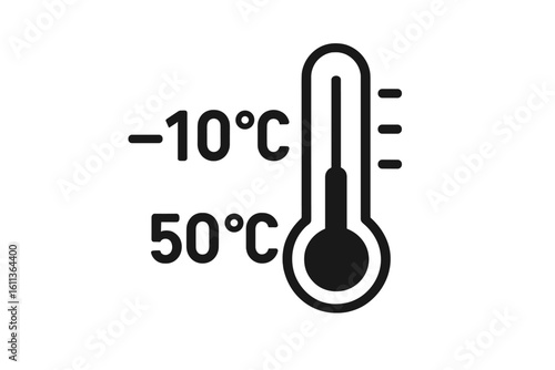Temperature limit icon. Product packaging label symbol. Storage temperature range sign from minus 10 to plus 50 Celsius. Cargo logistics vector information element.