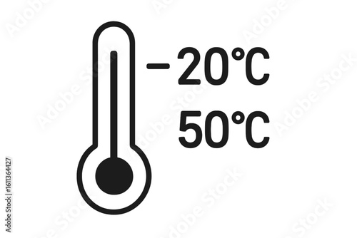 Temperature limitation icon. Product packaging labeling symbol. Storage temperature range from minus 20 to plus 50 degrees Celsius. Thermometer sign vector graphic.