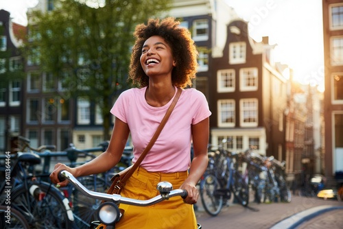 Joyful Young Woman Riding Bicycle in Urban Setting During Sunset, Capturing the Essence of Freedom and Happiness in City Life