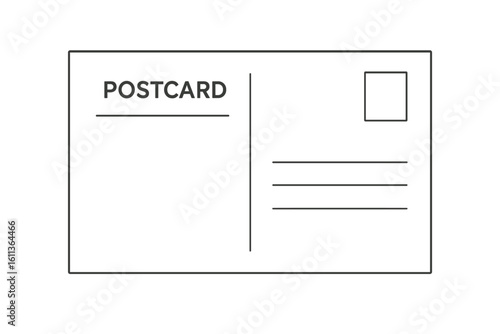 Postcard back side template vector illustration. Blank postal card reverse design with address lines and stamp area. Mail communication stationery layout format