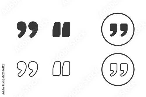 Quote mark vector icon set. Punctuation symbols for conversation, comments, and direct speech. Highlighting element for references and names. Flat and outline design.