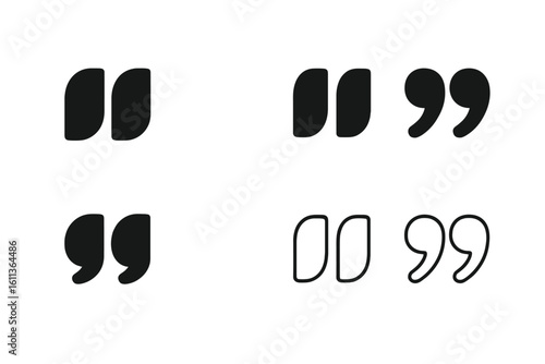 Quote marks icon set for conversation and comments. Punctuation symbol collection for highlighting direct speech. Flat vector graphic, silhouette and outline design.