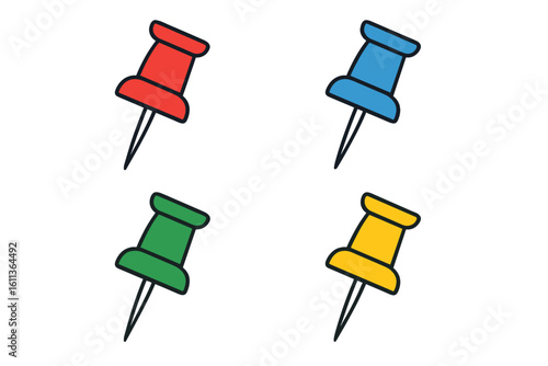 Pushpin flat icons set. Pointer of location on the map. Map pins collection. Indicative marker for applications, websites. Vector elements for navigation and destination.