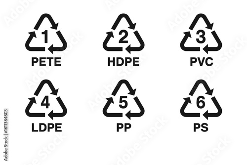 Plastic recycling code symbols set. Resin identification codes icon collection. Industrial marking for plastic products. PETE, HDPE, PVC, LDPE, PP, PS. Vector illustration.