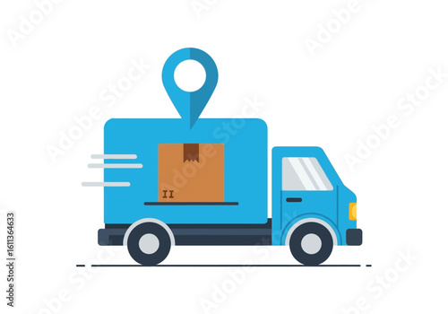 A stylized illustration of a delivery truck with a package and a location pin, signifying a shipping or delivery service.