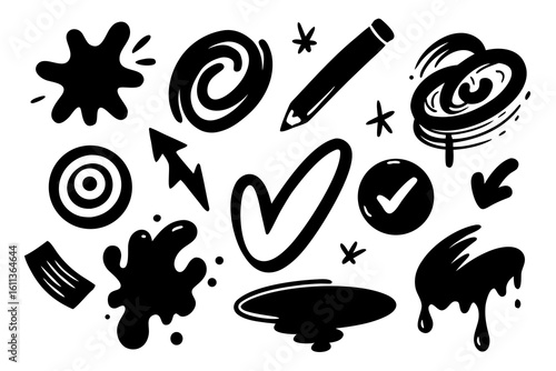 Hand Drawn Doodle Elements Set in Black and White Including Splatters Arrows Check Marks Pencil and Abstract Shapes for Design and Decoration Isolated on White