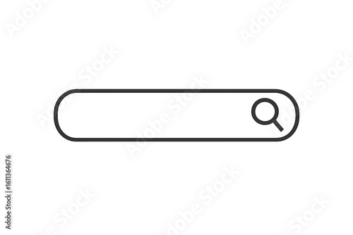 Search bar icon with magnifying glass outline, minimal UI search field for website and app interface, web browser find box vector illustration isolated on white background