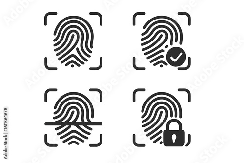 Fingerprint scan icons set for biometric authentication: secure identity verification, thumbprint approval, access denial, privacy lock symbols, black signs for app UI vector