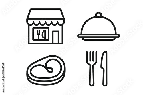 Restaurant cafe food service icons linear outline style. Dining cutlery utensils meat dish steak serving. Vector web app UI symbols hospitality business culinary