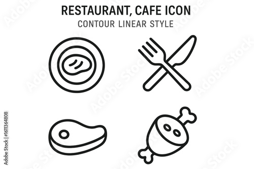 Restaurant cafe food icons linear outline style. Cutlery fork knife crossed. Steak meat chicken drumstick plate dish. Vector web icons set app website UI design