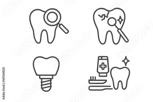 Dental care thin line icons set. Stomatology and dentistry concepts. Tooth check-up, caries treatment, dental implant, oral hygiene vector symbols for web, app design.