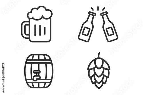 Beer icon pack. Set of vector line icons. Mug, clinking bottles, barrel, hops. Brewery, pub, bar concept. Alcohol, drink, craft beer pictogram for website and apps.