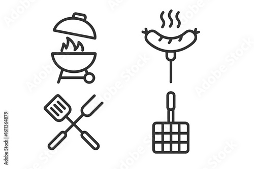 Barbecue line icon set. Collection of simple vector outline pictograms. Grill, sausage, spatula, fork. BBQ party, outdoor cooking, picnic food concepts for web design.