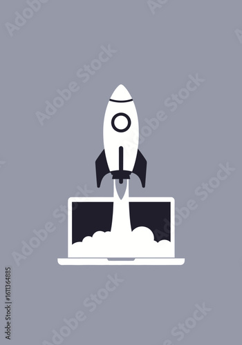 A white rocket launching from a laptop screen, symbolizing rapid digital growth and innovation.