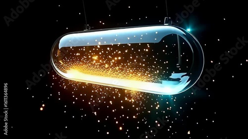 Suspended in a dynamic dance of light, a floating glass capsule filled with dancing fireflies hovers gently, illuminated by radiant beams of turquoise and amber light that flicker and pulse