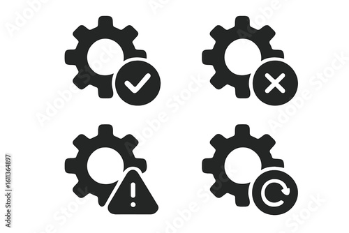 Settings status icon set with cogwheel gear glyph and check mark, cross sign, warning triangle, reload arrow, flat black vector symbols for app UI, website and software alerts