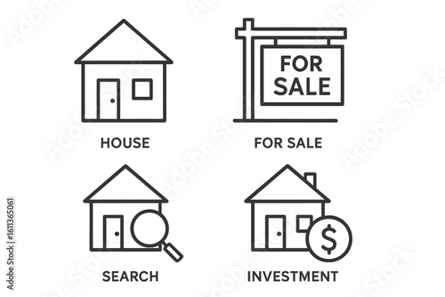 Real estate property icons set. House home building search investment for sale concept. Linear flat vector graphics web app UI design elements. Business property symbols collection
