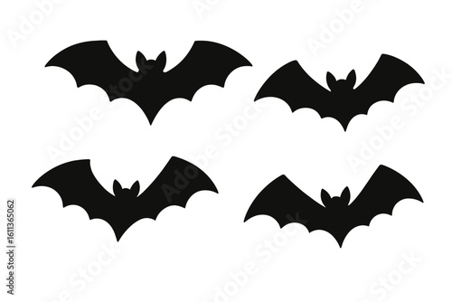 Flying bat silhouettes set, spooky Halloween decoration, black vampire bat icons isolated on white, night wildlife mammal shapes for scary party invite, clipart vector illustration