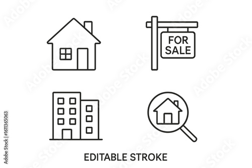 Real estate property icons set. House home building search concept. Flat linear vector icons for web applications UI design. Editable stroke outline style