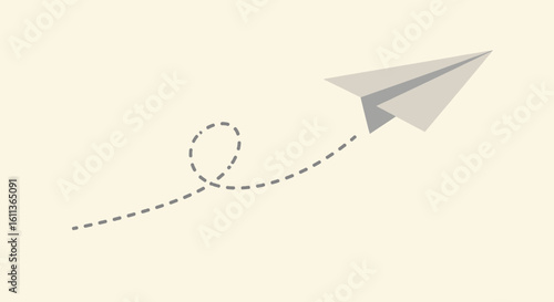 Simple paper airplane in flight, with a dotted line trail, on a light beige background.