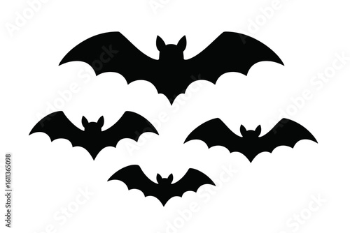 Flying bat silhouettes collection for Halloween design – black vampire bat icons, spooky animal clipart, isolated vector graphic for decoration, cut-out, transparent background
