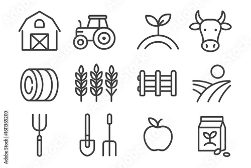 Agriculture farming icon set vector linear outline style. Rural farm symbols barn tractor cow wheat crops tools. Web app interface design elements agro business