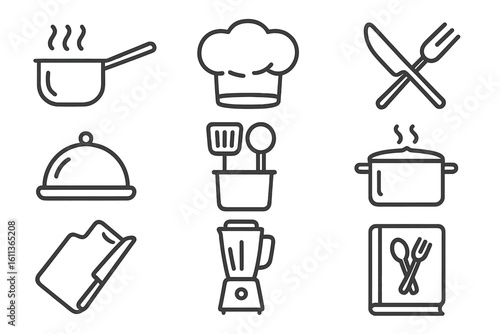 Cooking and kitchen line icon set. Food, restaurant, chef hat, utensils, pot, pan, blender, cookbook symbols. Culinary vector outline graphic for web and mobile apps.