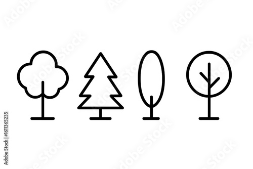 Minimalist tree outline icons in black thin line style – deciduous, pine evergreen, oval poplar, circular sapling symbols. Forest silhouette pictograms for logo, UI, print.