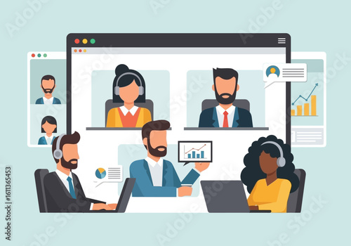 Illustration of a virtual meeting with diverse participants engaged in online communication and collaboration.