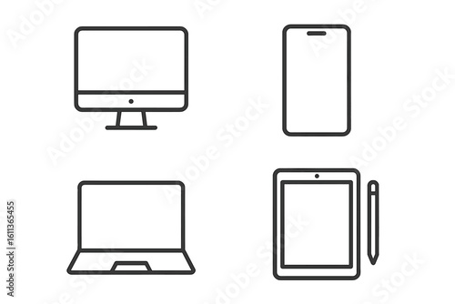 Device line icon set for web and mobile UI. Vector collection of computer, laptop, smartphone and tablet symbols. Editable stroke digital technology pictogram signs.
