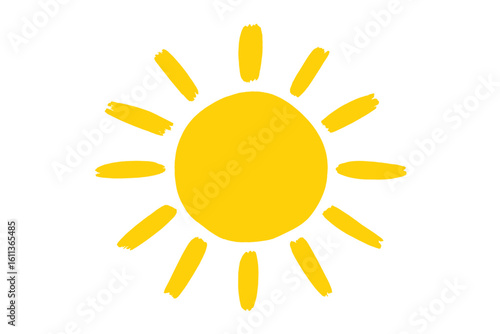 Hand drawn bright yellow sun icon with brushstroke rays, cheerful summer weather symbol, playful doodle style vector illustration isolated on transparent background for kids, apps, print design