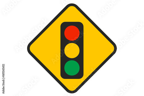 Traffic light ahead warning sign vector illustration, yellow diamond road sign with red yellow green light icon, highway signage symbol, road safety alert transparent background