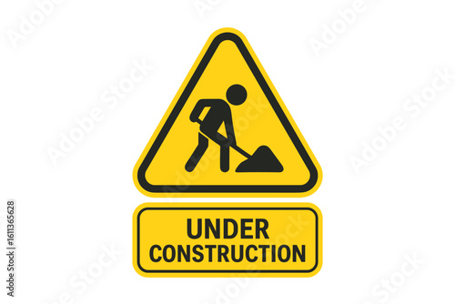 Under construction road work warning sign icon, yellow triangle hazard symbol with man digging shovel pile, caution traffic safety concept, vector isolated on transparent background