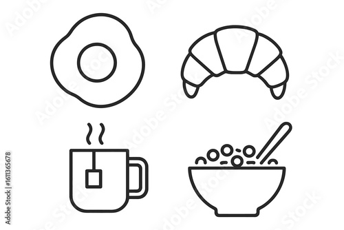 Breakfast food line icons set. Minimal vector graphics collection with fried egg, croissant, tea, and cereal. Editable outline symbols for web, app, and cafe menu design.
