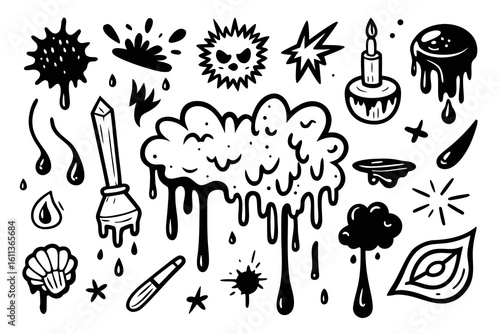 Collection of various hand drawn doodle elements in black and white including cloud candle drips stars and other abstract shapes for design and decoration