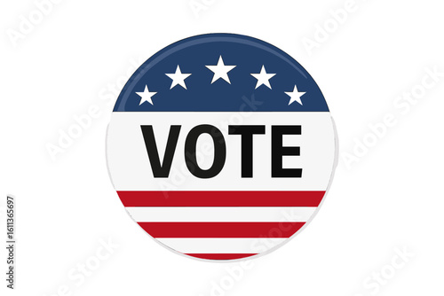Patriotic USA presidential election campaign pin button badge with VOTE text, five white stars, blue stripe, red and white stripes, vector icon, transparent background illustration