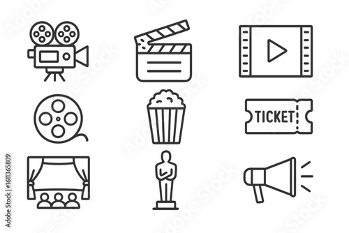 Cinema and movie production line icon set. Vector symbols for film industry, filmmaking, and entertainment. Includes camera, clapperboard, popcorn, ticket, and award.
