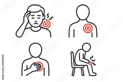Body pain line icon set. Man with headache, neck ache, and chest pain. Concept for heart attack symptoms, knee joint injury, and muscle ache. Health medical vector signs.